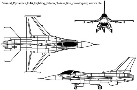 Vector Outline - General Dynamics F 16 Fighting Falcon3 view line ...