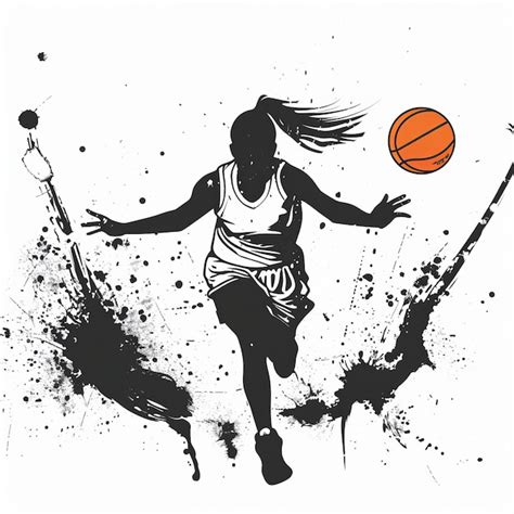 Un Dibujo De Una Mujer Jugando Al Baloncesto Con Una Pelota En El Fondo