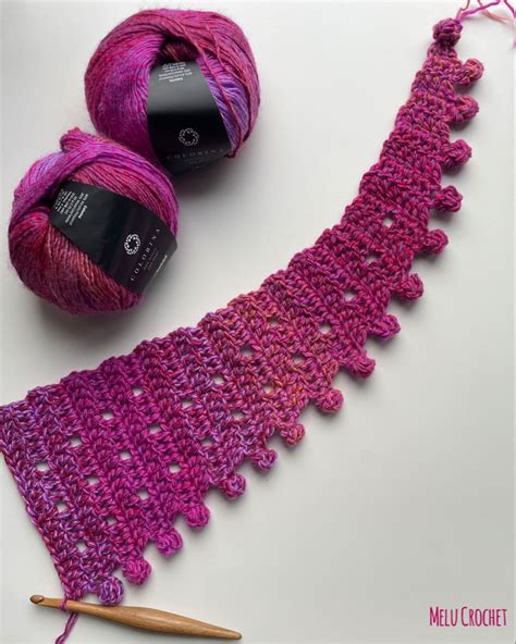 Pink Crocheted Scarf Using Colour Changing Yarn With Bobbles And Filets