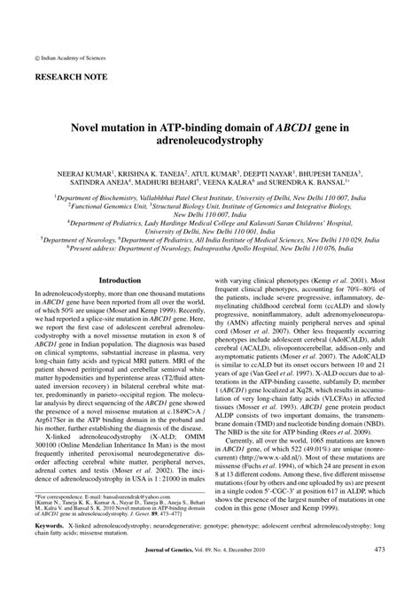 Pdf Novel Mutation In Atp Binding Domain Of Abcd Gene In