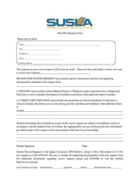 Fillable Online Meal Plan Waiver Request Form Fax Email Print Pdffiller
