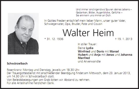 Walter Heim Traueranzeige Trauer InFranken De