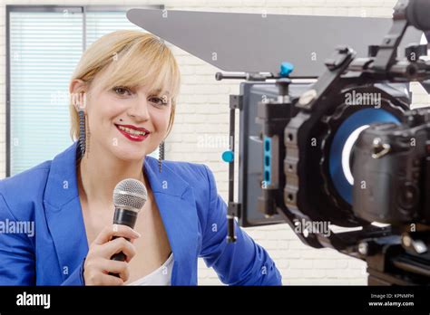 Portrait Of Elegant Blonde Woman TV Reporter Stock Photo Alamy