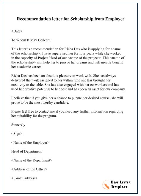 Letter Of Recommendation For Scholarship Template Free