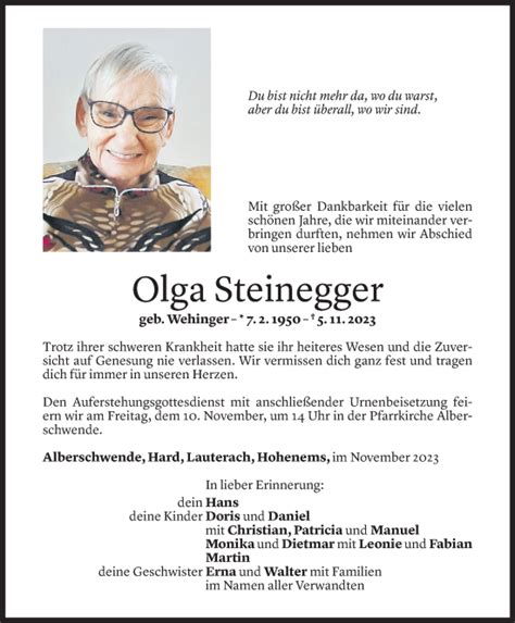 Todesanzeigen Von Olga Steinegger Todesanzeigen Vorarlberger Nachrichten