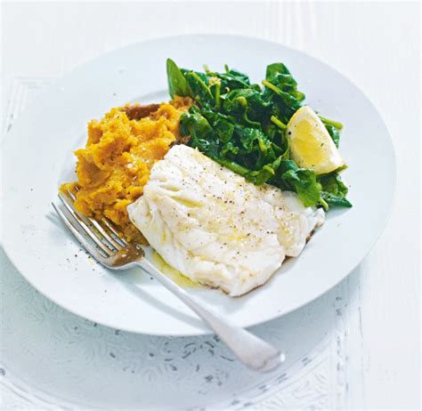 Cod with garlic sweet potato mash and lemon spinach recipe | delicious. magazine