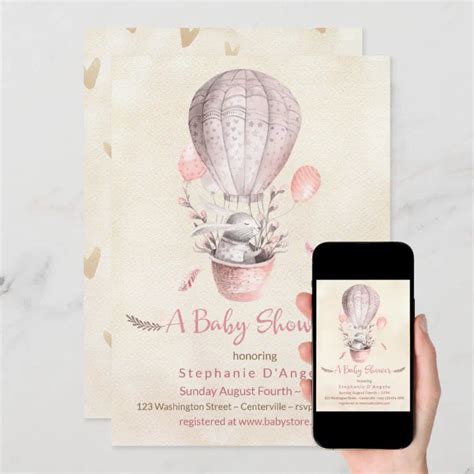 Bunny In Pink Hot Air Balloon Baby Shower Invitation Zazzle