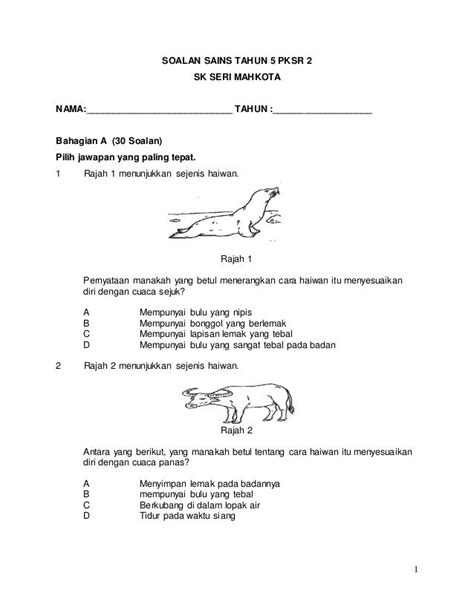 Soalan Sains Tahun 5 Pksr 2 Kssr