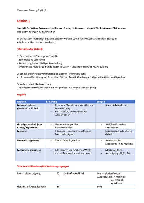 Zusammenfassung Statistik 1 Lektion 1 Statistik Definition