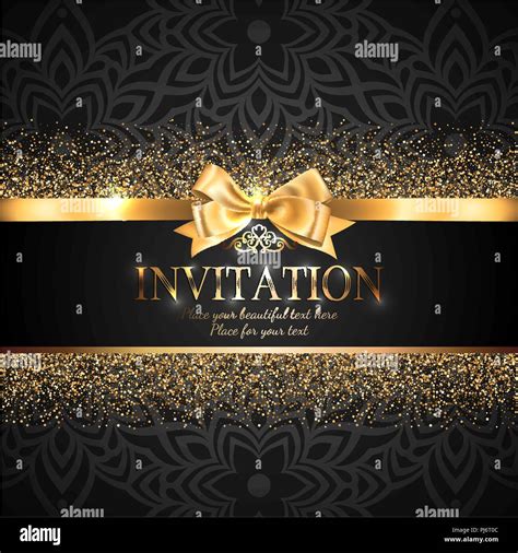 Gorgeous And Shiny Invitation Card Or Banner With Gold Ribbon Bow And