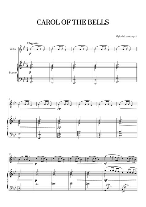 Carol Of The Bells Very Easy Beginner For Violin And Piano Arr