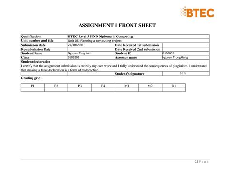 Unit 06 Assignment 1 Frontsheet ASSIGNMENT 1 FRONT SHEET