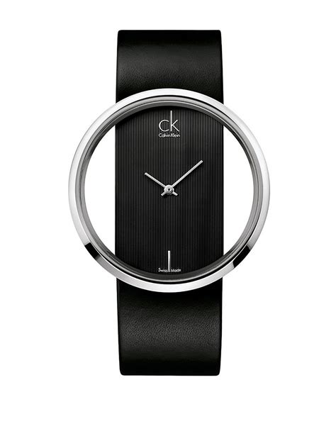 Calvin Klein Ladies Swiss Glam Stainless Steel Black Leather Strap