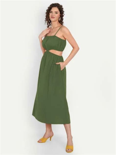 Buy Minglay Women Green Solid Crepe Fit And Flare Dress Online At Best