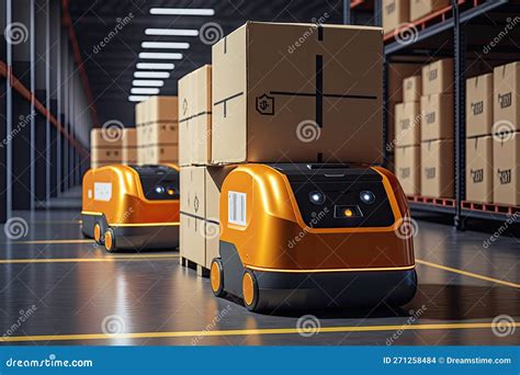 AVG Robots Delivering Cardboard Boxes In Automated Warehouse Stock