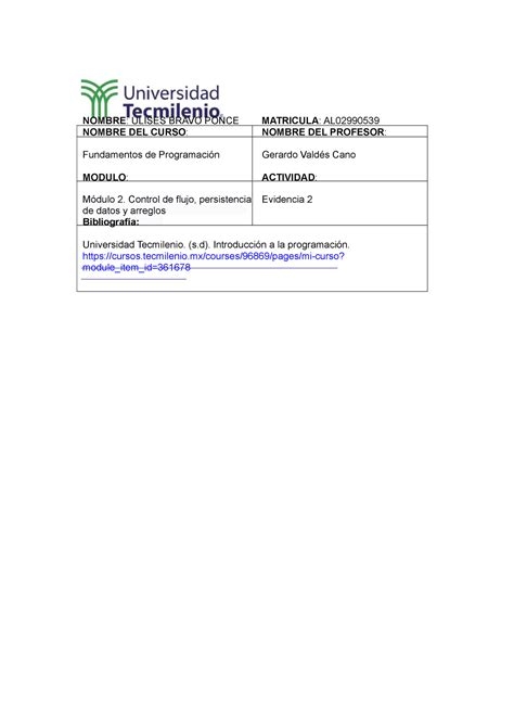 Fundamentos Programacion Evidencia Ulises Bravo Compress Nombre