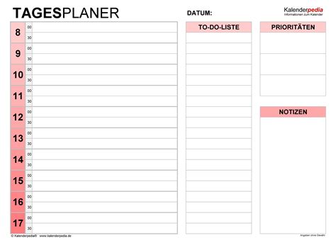 Tagesplaner Für Microsoft Excel Kalenderpedia