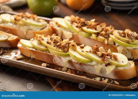 Toasted Baguette Slices With Pear Toppings On Tray Stock Image Image