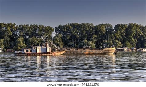 Belgrade Serbia Tugboat Pushing Barge Along Stock Photo