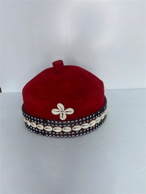 New Cowries Royalty Hat Red Tradition Hat Chieftaincy Men Hat Velvet