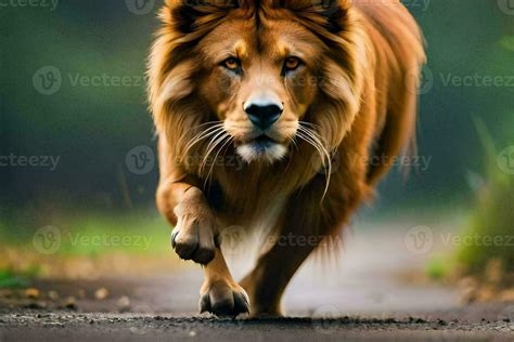 A Lion Running On The Road Ai Generated Stock Photo At Vecteezy