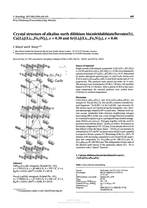 PDF Crystal Structure Of Alkaline Earth Dilithium Bis Nitridolithiate