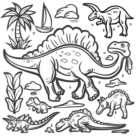 Vector Illustration Of Black And White Dinosaur Outline Drawing Set