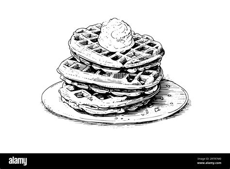 Waffles With Ice Cream Hand Drawn Ink Sketch Engraving Style Vector