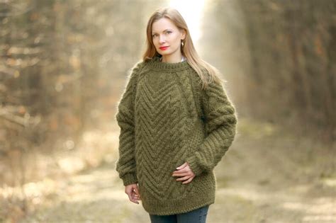 Cable Knit Sweater Hand Knitted Thick Mohair Pullover Fuzzy Etsy