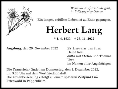 Traueranzeigen Von Herbert Lang Augsburger Allgemeine Zeitung