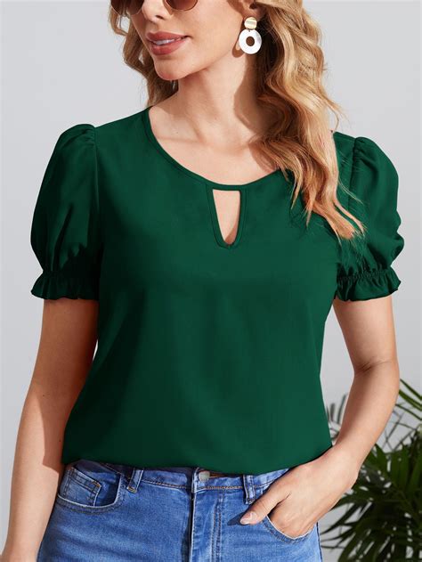 Keyhole Neck Puff Sleeve Green Blouse Short Sleeve Tops Effortless