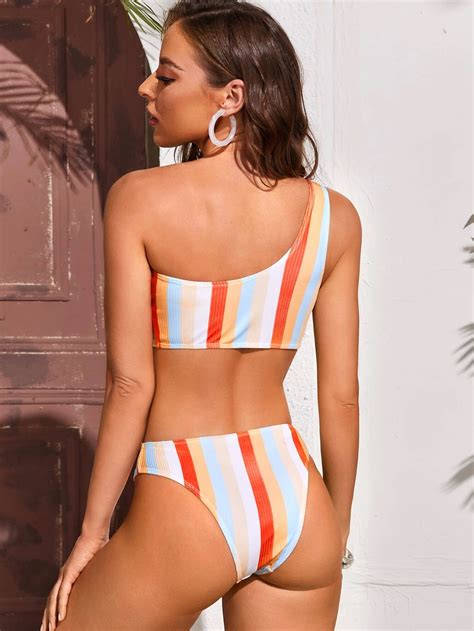 Shein Bikini De Rayas De Un Hombro Vezia