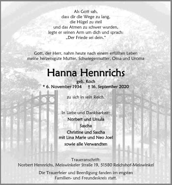 Traueranzeigen Von Hanna Hennrichs WirTrauern