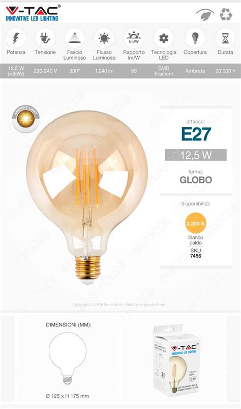 V Tac VT 2153 Lampadina LED E27 12 5W Globo G125 Filamento Ambrata