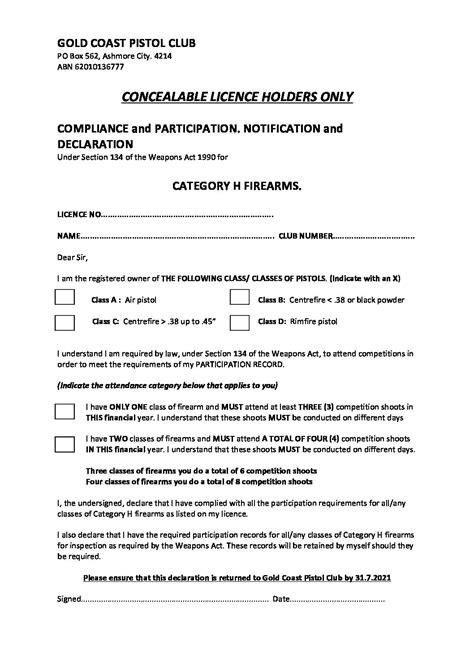 Participation Return Declaration Gold Coast Pistol Club