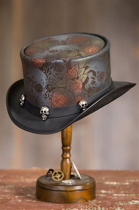 Steampunk Victorian Skull N Roses Leather Top Hat Leather Top Hat