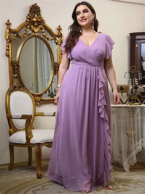 Plus Ruffle Trim Flutter Sleeve Overlap Collar Chiffon Maxi Dress