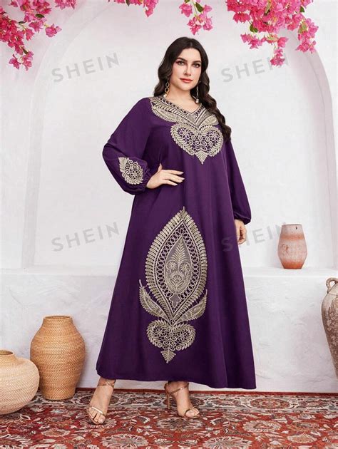 Shein Najma Plus Size Women S Embroidered Lantern Sleeve A Line Arabian