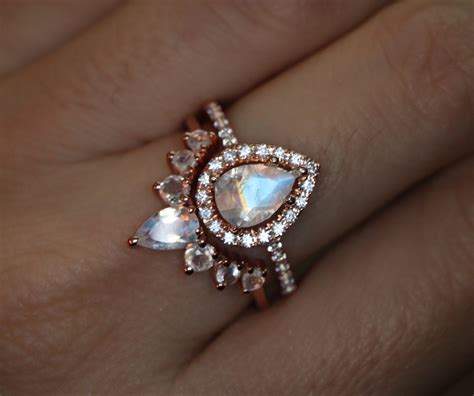 Teardrop Moonstone Bridal K Gold Ring Set Pear Natural Moonstone