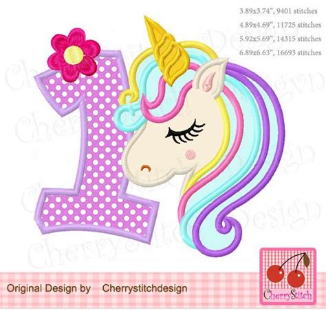 Unicorn Embroidery Birthday Number 1 Flower Unicorn Number 1 Applique