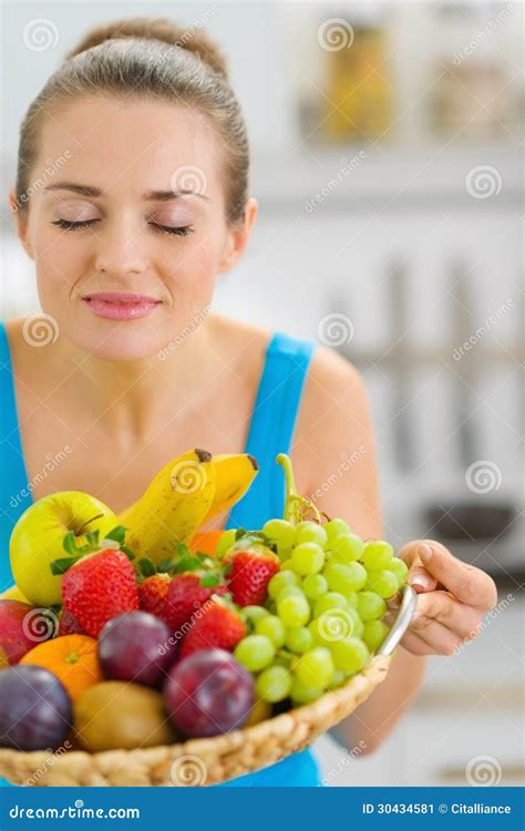 Young Woman Enjoying Plate Of Fresh Fruits Stock Image Image Of Cook