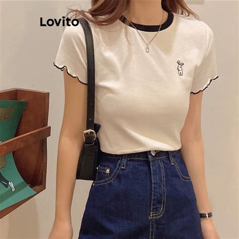 Lovito Casual Plain Pattern Contrast Binding Basic T Shirt For Women