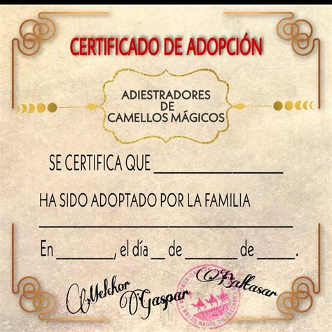 Certificado De Adopci N De Camellos M Gicos Certificado De Adopci N