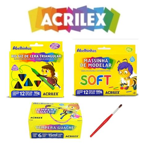 Kit Escolar Acrilex Massinha Tinta Guache Pincel Giz De Cera