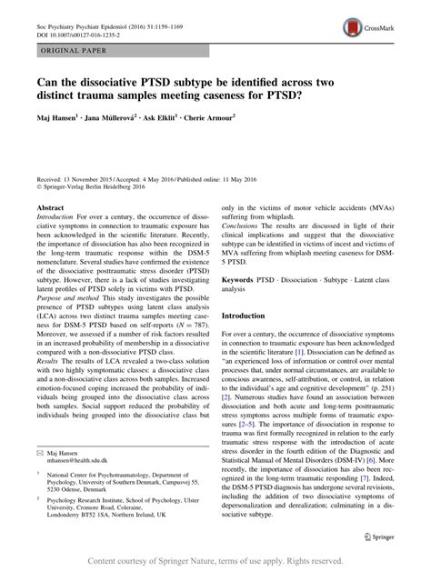 Can The Dissociative Ptsd Subtype Be Identified Across Two Distinct