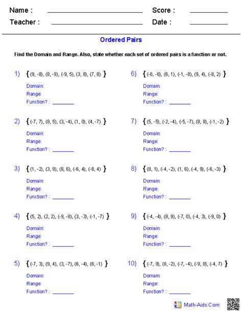 Functions Ordered Pairs Worksheets