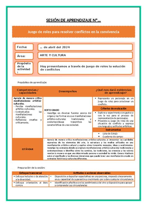 24 De Abril Arte Sexto Grado SesiÓn De Aprendizaje Nº Propósitos De Aprendizaje