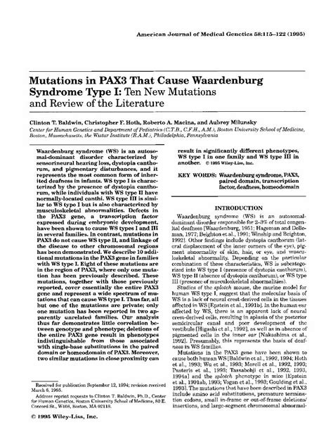 Pdf Mutations In Pax3 That Cause Waardenburg Syndrome Type I Ten New Mutations And Review Of