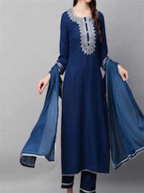 Buy Gosriki Women Navy Blue Floral Embroidered Kurta With Trousers