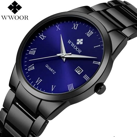 WWOOR Quartz Day Date Watch Mens Stainless Steel Wristwatch Black Blue